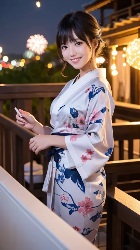 night、A glamorous atmosphere、firework、Matte fabric、White large floral pattern yukata、Cotton kimono、stylish （night景、night、smile）、night空、bangs、No makeup、（masterpiece、8K,RAW Photos、High resolution:1.4）、girl&#39;Her calm expression is、Emphasized by the soft lo...