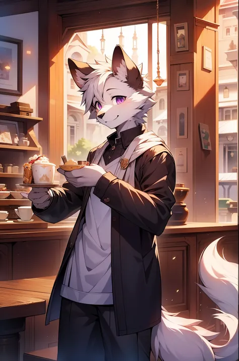 masterpiece,High quality,furry,male,(shepherd),(white fur),purple eye,cafe,(Cafe clerk),perfect background,Smile,One person