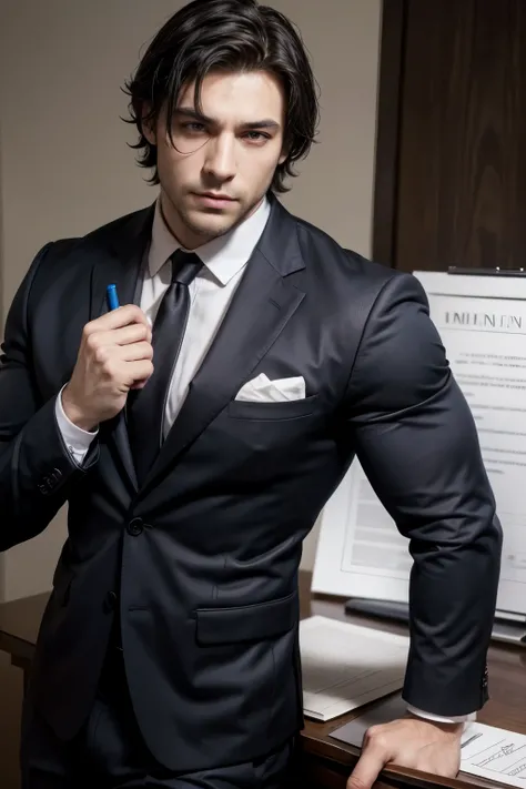 businessman man, muscular, furry, pen, dark hair