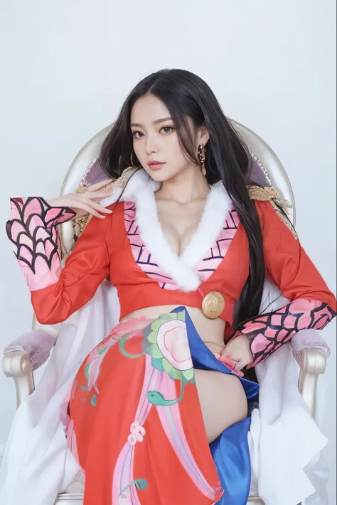 she「one piece」She is wearing a gorgeous and colorful costume inspired by Boa Hancock from。Her outfit is、In a red long sleeve crop top with pink feather trim、There is a gold emblem on the collar。The top has bell sleeves、It is decorated with a fish scale pat...