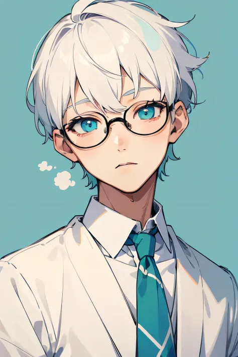 ((masterpiece, top quality)), detailed face, 1 boy, a little boy, White sweater, turquoise eyes, (((top quality))), short hair, shaved temples,Spitting, White hair, Stylish glasses