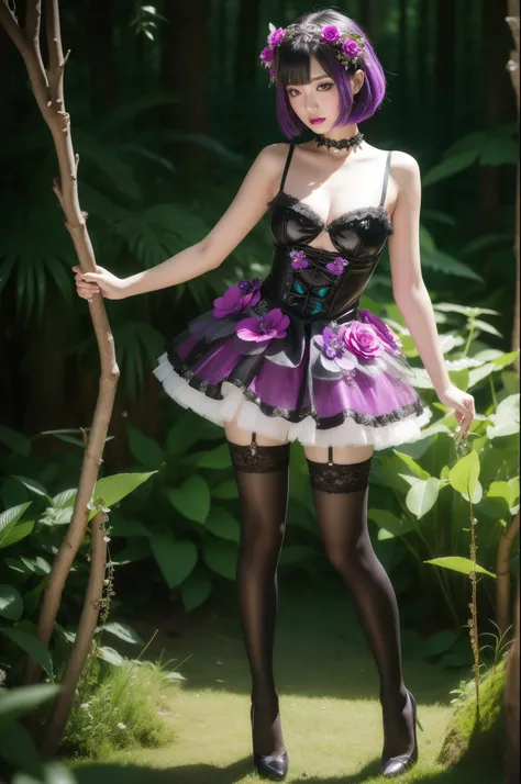 sexy female model who controls poison、lipgloss、dramatic makeup、look at the camera、full body Esbian、、sparkling poisoned enchanted flower costume、、、、shiny sparkling colorful short hair、secrete poison、skull hair accessories schnet tights、shiny sparkling dark ...