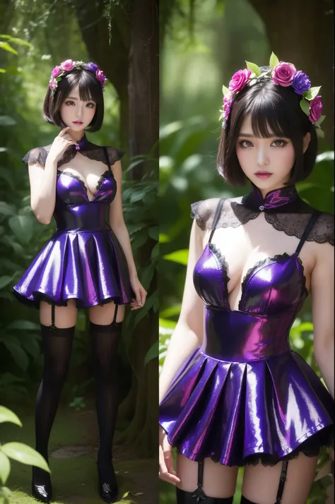 sexy female model who controls poison、lipgloss、dramatic makeup、look at the camera、full body Esbian、、sparkling poisoned enchanted flower costume、、、、shiny sparkling colorful short hair、secrete poison、skull hair accessories schnet tights、shiny sparkling dark ...