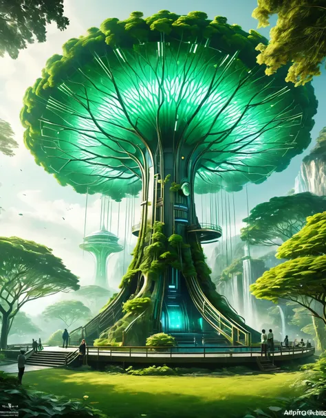 Generate an AI masterpiece inspired by the fusion of nature and technology. Depict a colossal tree-like structure integrated with futuristic machinery, emitting an otherworldly glow. Convey harmony between organic and synthetic elements.