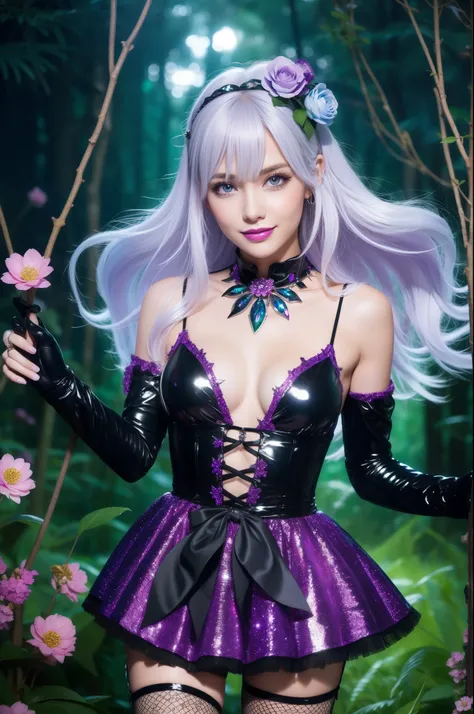 beautiful Swedish Model who controls poison、beautiful smile、lipgloss、intense makeup、look at the camera、full body Esbian、、sparkling poisoned flower costume、、、、shiny sparkling multicolor hair、secrete poison、skull hair accessories、fishnet tights、shiny sparkli...