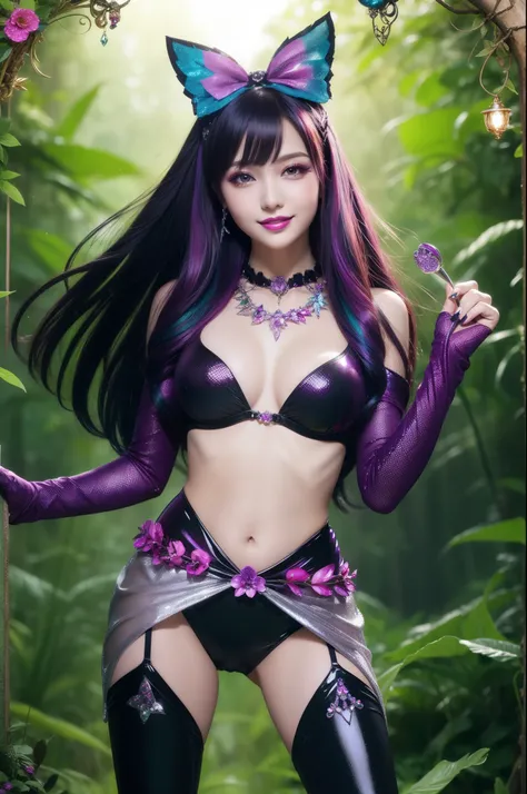 sexy female model who controls poison、beautiful smile、lipgloss、intense makeup、look at the camera、full body Esbian、、sparkling poisoned flower costume、、、、shiny sparkling multicolor hair、secrete poison、skull hair accessories、fishnet tights、shiny sparkling dar...