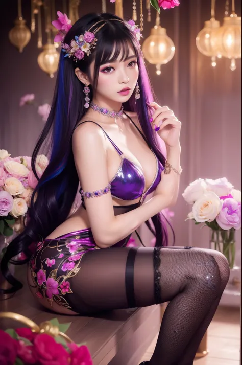 sexy Thai model who controls poison、lipgloss、intense makeup、look at the camera、full body Esbian、、sparkling poisoned flower costume、、、、sparkling Colorful hair、secrete poison、skull hair accessories schnet tights、shiny sparkling flowers background