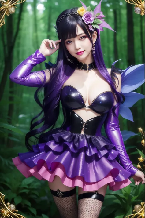 sexy stylish woman who controls poison、beautiful smile、lipgloss、intense makeup、look at the camera、full body Esbian、、sparkling poisoned flower costume、、、、shiny sparkling multicolor hair、secrete poison、skull hair accessories、fishnet tights、shiny sparkling da...