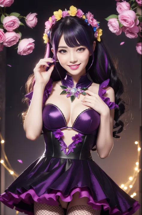 beautiful sexy female who controls poison、beautiful smile、lipgloss、professional makeup、full body Esbian、、sparkling poisoned flower costume、、、、sparkling Colorful hair、secrete poison、skull hair accessories、fishnet tights、flowers background