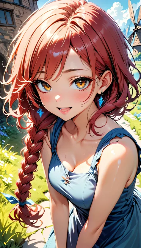 (highest quality:1.2), Very detailed, Vibrant, digital coloring, High Contrast, masterpiece:1.2, highest quality, Best aesthetics, 1 female, red Hair, (single braid:1.5), messy hair, vivid yellow eyes, (((Blue Dress:1.2))), (fantasy landscape:1.4), windmil...