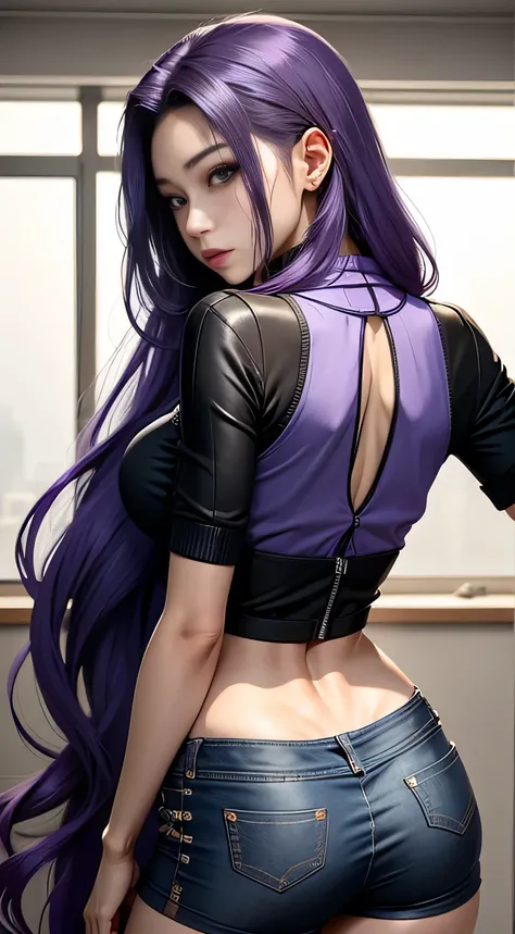 sfw, Girl with long purple hair, Slim, bike shorts, seen from behind, wearing bra,((skinny waist)), young asian girl, ((big breasted)),