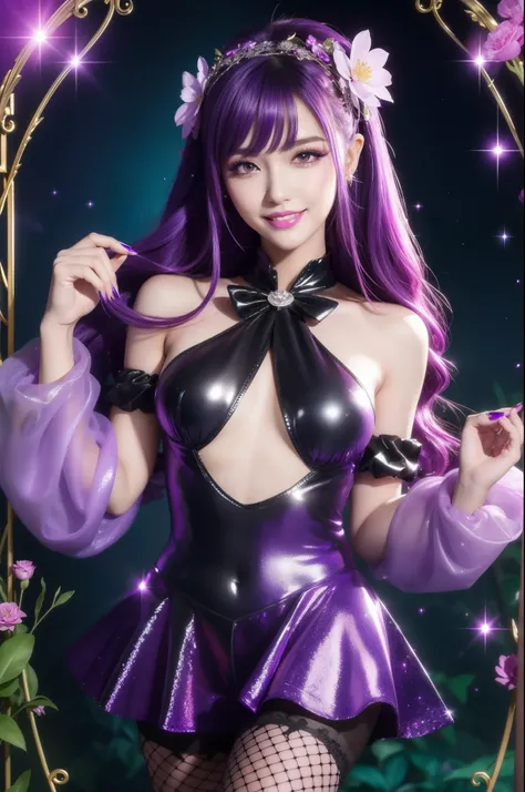 sexy stylish female who controls poison、beautiful smile、lipgloss、long lashes、intense makeup、look at the camera、full body Esbian、、sparkling poisoned flower costume (purple)、、、、shiny sparkling multicolor hair、secrete poison、skull hair accessories、fishnet tig...