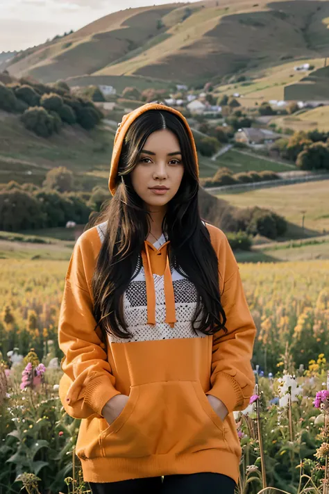 woman with long black hair in orange and white polka dotted woollen hoodie in a hollyhock field