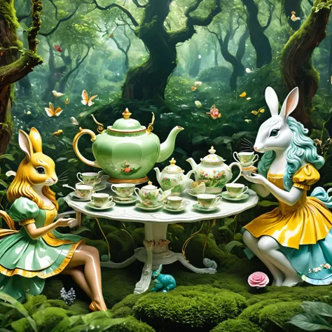 Produce a hyper-realistic AI artwork capturing a timeless moment of a surreal tea party in a dense forest. Showcase intricate details of the characters, their expressions, and the whimsical, oversized tea set.