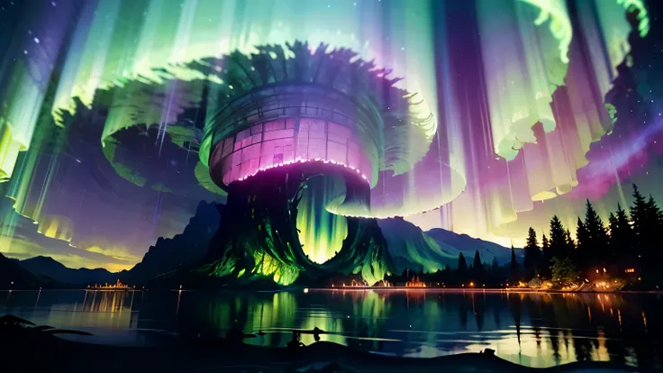 A surreal, dream-like scene in a vibrant landscape: an enormous, ancient tree with glowing leaves stands in the middle of a crystal-clear lake, its roots extending deep into the water. The sky is filled with swirling, colorful auroras, and floating islands...