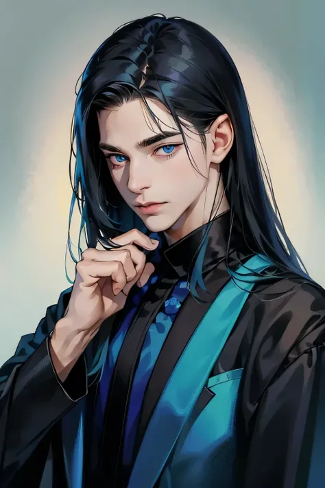 ((A very young guy)) with long blue-black hair, blue eyes, in dark clothes, shirt, a very good quality, correct eyes, even eyes, ((portrait))