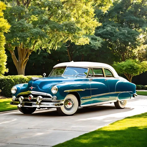 In the driveway, place a well-preserved classic 1950s car, capturing the essence of that era. The car should gleam in the sunlight, showcasing the impeccable design and elegance of the 1950s automotive style. 