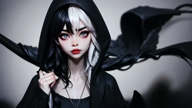 ((best quality)), ((masterpiece)), (detailed), 1girl, solo, beautiful, gothic, witch, gloomy, Asian woman, mature, black clothing, hooded black robe, modest clothing, hood up, goddess of death, blank expression, stoic expression, serious expression, split ...