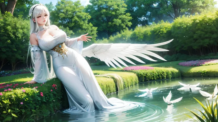 1 29 years old fully clothed beautiful angel mother with long white hairs and beautifull white angelic wings, european face, praying, white clothes, large hips, big , white doves, doves in the background, serene and peaceful expression, ethereal and heaven...