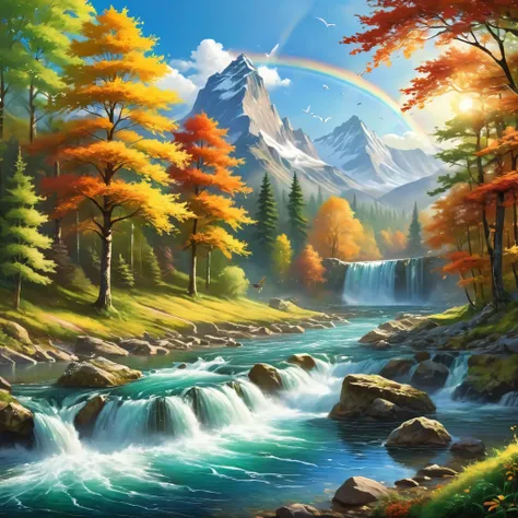 Create a breathtaking landscape scene that features majestic mountains with cascading waterfalls. The water from the falls flows into meandering rivers that lead to a tranquil, crystal-clear lake. The surroundings are rural, with lush, multi-colored leaves...