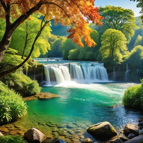 Create a breathtaking landscape scene that features majestic mountains with cascading waterfalls. The water from the falls flows into meandering rivers that lead to a tranquil, crystal-clear lake. The surroundings are rural, with lush, multi-colored leaves...