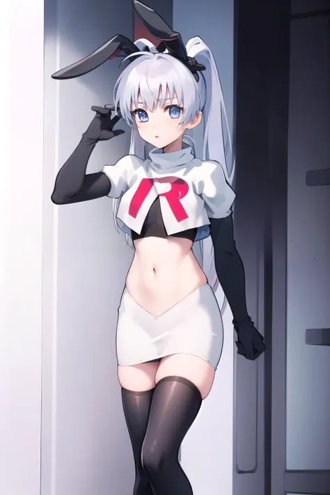 solo, Yashiro Kasumi, twintails, blue eyes, white hair, fake rabbit ears, team rocket,team rocket uniform,white skirt,red letter R,crop top,black thigh-highs,black elbow gloves