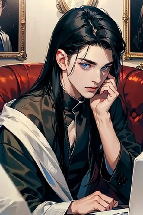 ((A very young guy)) with long blue-black hair, blue eyes, in dark clothes, shirt, a very good quality, correct eyes, even eyes, ((portrait))