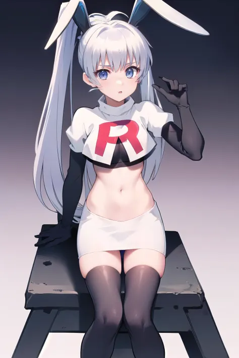 solo, yashiro kasumi, twintails, blue eyes, white hair, fake rabbit ears, team rocket,team rocket uniform,white skirt,red letter...