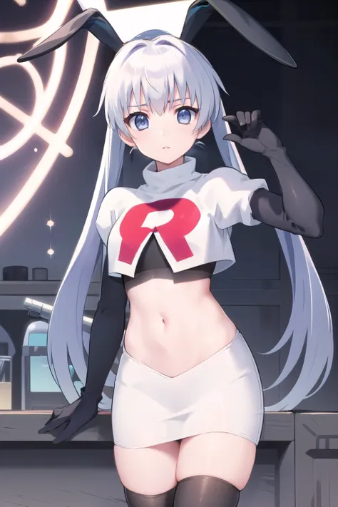 solo, yashiro kasumi, twintails, blue eyes, white hair, fake rabbit ears, team rocket,team rocket uniform,white skirt,red letter...