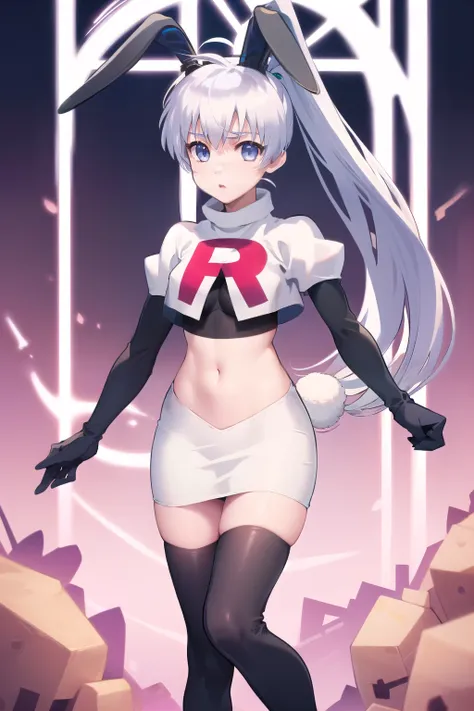 solo, yashiro kasumi, twintails, blue eyes, white hair, fake rabbit ears, team rocket,team rocket uniform,white skirt,red letter...