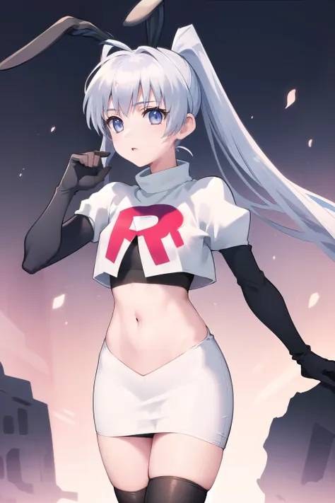 solo, yashiro kasumi, twintails, blue eyes, white hair, fake rabbit ears, team rocket,team rocket uniform,white skirt,red letter...