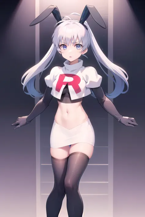 solo, yashiro kasumi, twintails, blue eyes, white hair, fake rabbit ears, team rocket,team rocket uniform,white skirt,red letter...