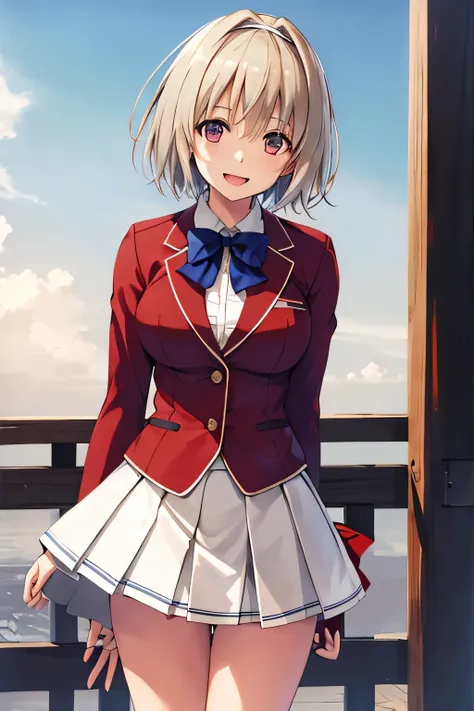masterpiece, Highest quality, High resolution, Akiyo, short hair, Hair Intake, White hair band, Blue bow tie, Collared shirt, blazer, Red jacket, Long sleeve, White Skirt, Pleated skirt, Black socks, Cowboy Shot, Are standing, Outdoor, Straight, Arms at yo...
