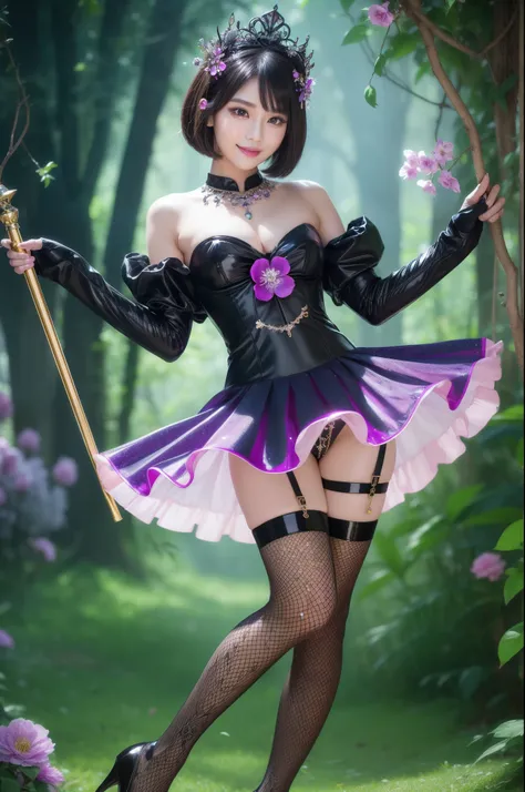 sexy stylish Thai model who controls poison、beautiful smile、lipgloss、long lashes、dramatic makeup、look at the camera、full body Esbian、、sparkling poisoned enchanted lucid flower costume with flowers、、、、shiny sparkling colorful short hair、secrete poison、skull...