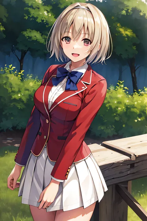 masterpiece, Highest quality, High resolution, Akiyo, short hair, Hair Intake, White hair band, Blue bow tie, Collared shirt, blazer, Red jacket, Long sleeve, White Skirt, Pleated skirt, Black socks, Cowboy Shot, Are standing, Outdoor, Straight, Arms at yo...