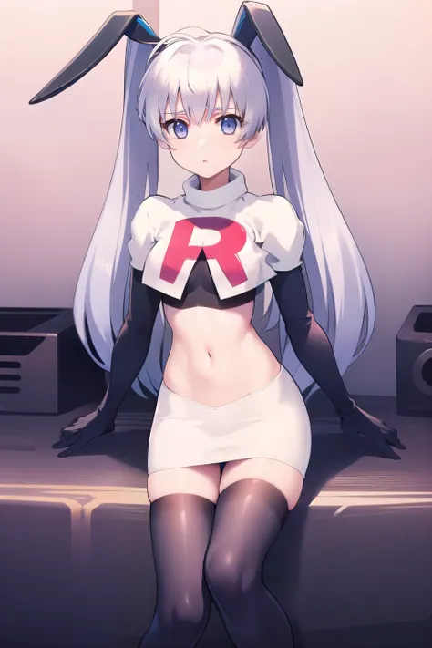 solo, yashiro kasumi, twintails, blue eyes, white hair, fake rabbit ears, team rocket,team rocket uniform,white skirt,red letter...