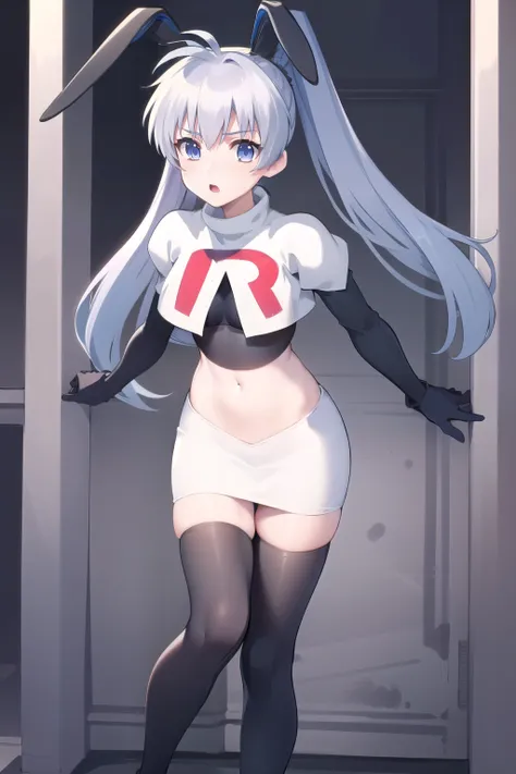 solo, Yashiro Kasumi, twintails, blue eyes, white hair, fake rabbit ears, team rocket,team rocket uniform,white skirt,red letter R,crop top,black thigh-highs,black elbow gloves