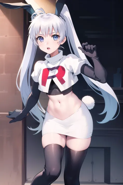 solo, yashiro kasumi, twintails, blue eyes, white hair, fake rabbit ears, team rocket,team rocket uniform,white skirt,red letter...