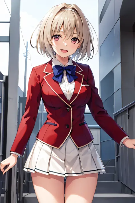 masterpiece, Highest quality, High resolution, Akiyo, short hair, Hair Intake, White hair band, Blue bow tie, Collared shirt, blazer, Red jacket, Long sleeve, White Skirt, Pleated skirt, Black socks, Cowboy Shot, Are standing, Outdoor, Straight, Arms at yo...