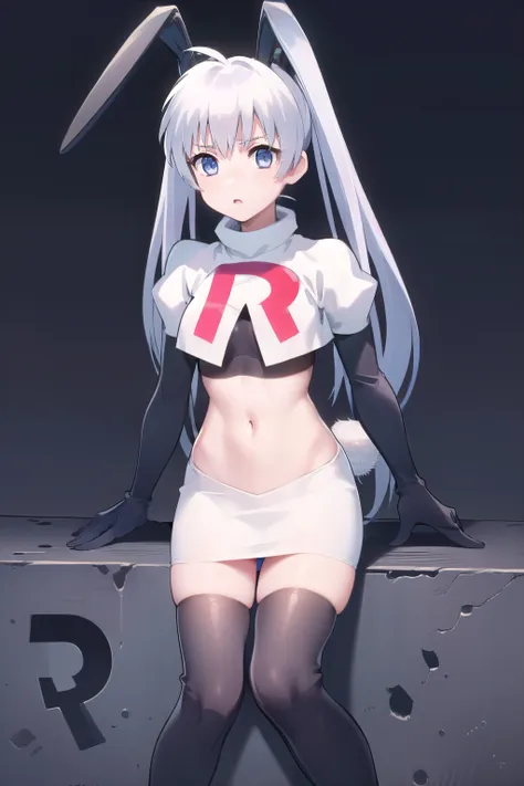 solo, yashiro kasumi, twintails, blue eyes, white hair, fake rabbit ears, team rocket,team rocket uniform,white skirt,red letter...