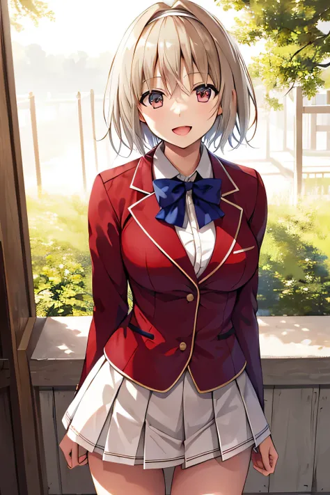 masterpiece, Highest quality, High resolution, Akiyo, short hair, Hair Intake, White hair band, Blue bow tie, Collared shirt, blazer, Red jacket, Long sleeve, White Skirt, Pleated skirt, Black socks, Cowboy Shot, Are standing, Outdoor, Straight, Arms at yo...