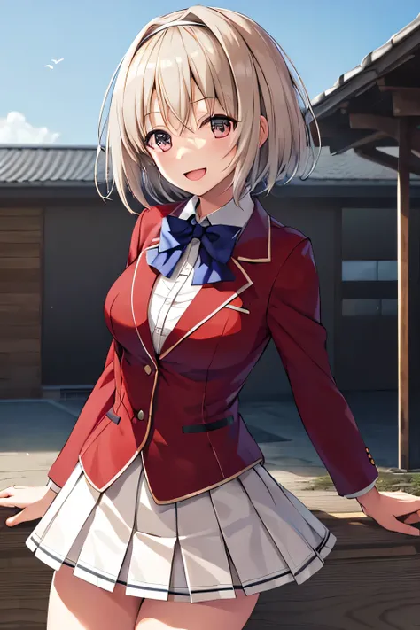masterpiece, Highest quality, High resolution, Akiyo, short hair, Hair Intake, White hair band, Blue bow tie, Collared shirt, blazer, Red jacket, Long sleeve, White Skirt, Pleated skirt, Black socks, Cowboy Shot, Are standing, Outdoor, Straight, Arms at yo...