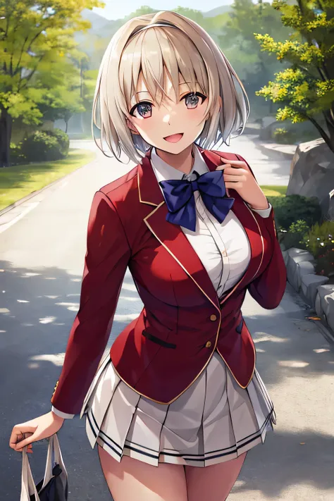 masterpiece, Highest quality, High resolution, Akiyo, short hair, Hair Intake, White hair band, Blue bow tie, Collared shirt, blazer, Red jacket, Long sleeve, White Skirt, Pleated skirt, Black socks, Cowboy Shot, Are standing, Outdoor, Straight, Arms at yo...