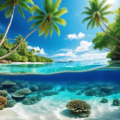 Generate a tropical paradise with crystal-clear waters. Depict a beach with white sand and vibrant coral reefs beneath the surface. The scene should showcase the reflections of the azure sky and lush palm trees on the waters surface.