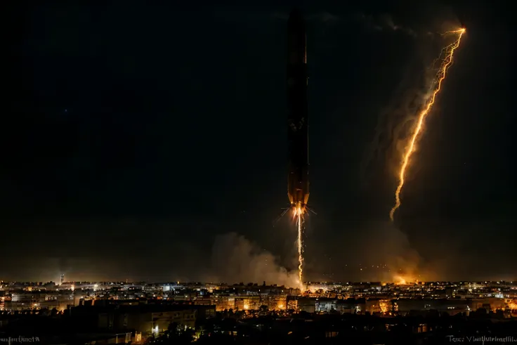 ukraine，war scenes，missile flies over，aircraft bombing，night，lightning flashes across the city, clean picture processing，minimal...