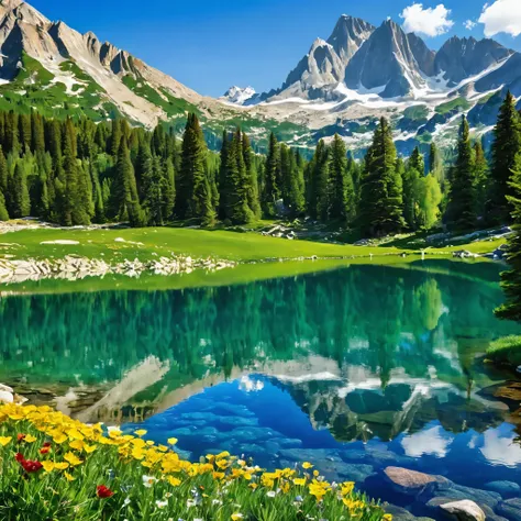 Craft a scene in the heart of the mountains. Capture a pristine alpine lake nestled among towering peaks. Ensure the water mirrors the grandeur of the mountains, reflecting their snowy summits and colorful wildflowers.