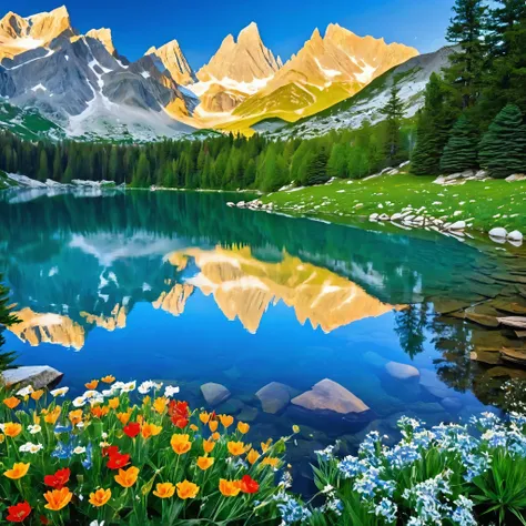 Craft a scene in the heart of the mountains. Capture a pristine alpine lake nestled among towering peaks. Ensure the water mirrors the grandeur of the mountains, reflecting their snowy summits and colorful wildflowers.