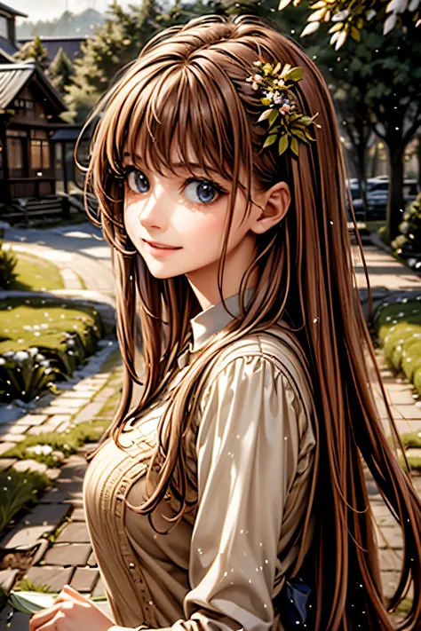 Prompt: masterpiece, best quality, ultra-detailed, 1girl, detailed water, long hair, corkscrew curls, red hair, light grey eyes, (close-up), maple trees, everywhere mistletoe, gorgeous, maple and spruce trees, cherry, cherry tree, smile, view from front, w...