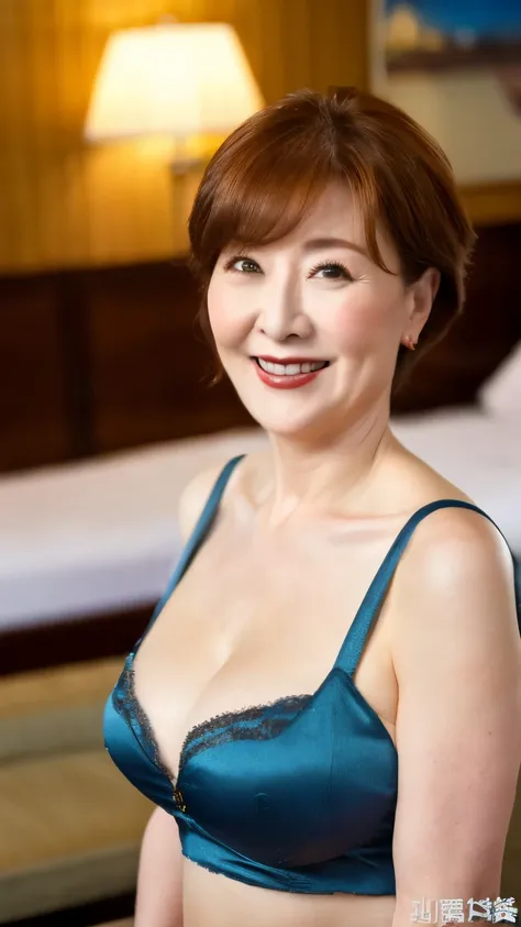 super high quality, background blur, in a hotel room, gravure, look forward, 55 years old, ，fat belly，very plump, from the chest...