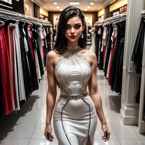 (masterpiece, photorealistic:1.4, extremely intricate:1.3), (photon mapping, radiosity, physically based rendering, ultra resolution, hyper-realistic, 8K), (((supermodel nineteen ((((black white evening gown, shopping in a store))), smirking, 19 years old,...